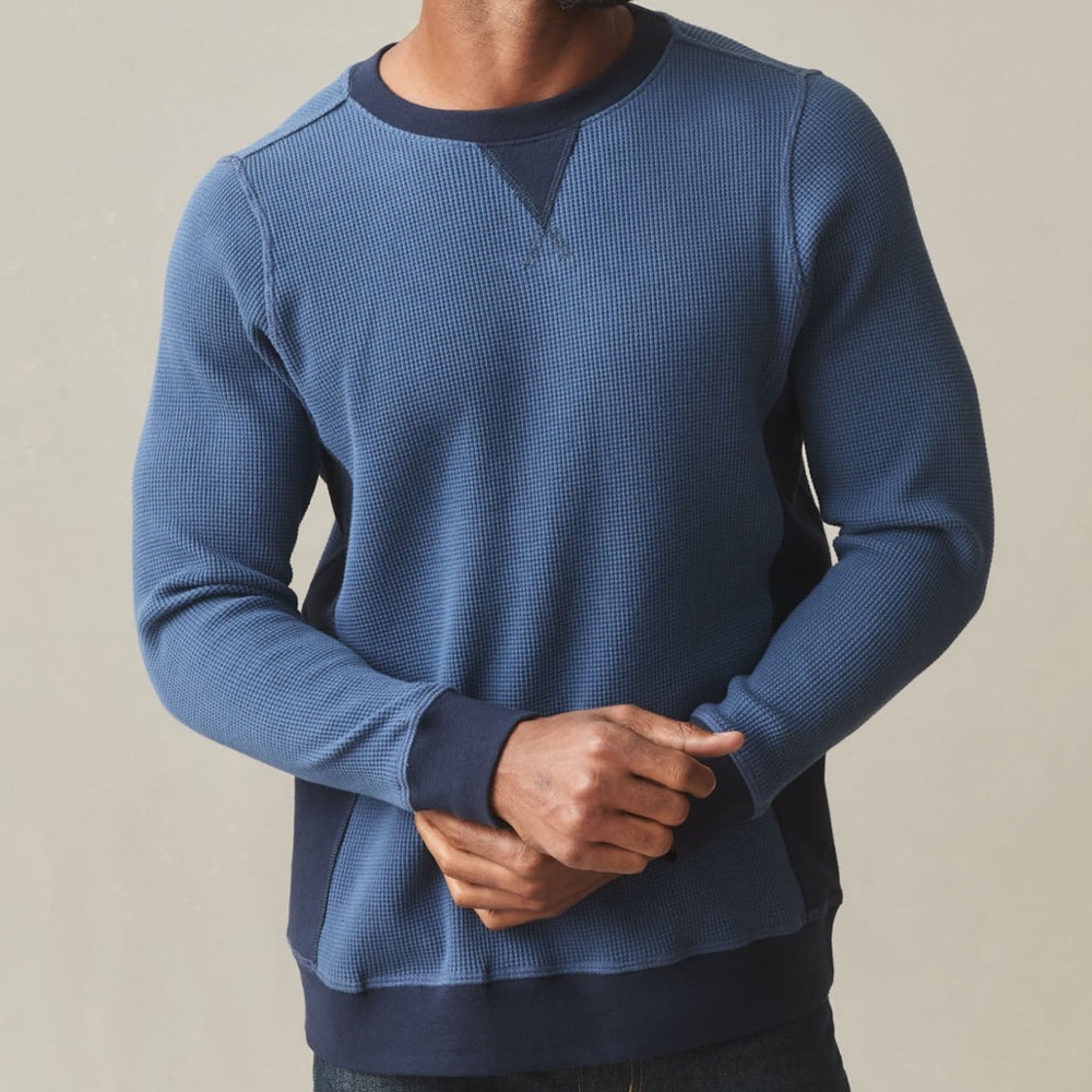 NEW American Giant Men's Colorblock Summit Waffle Long Sleeve Crew Blue Shirt XL